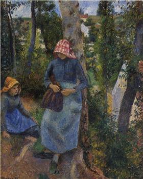 Deux jeunes paysannes causant sous les arbres, Pontoise