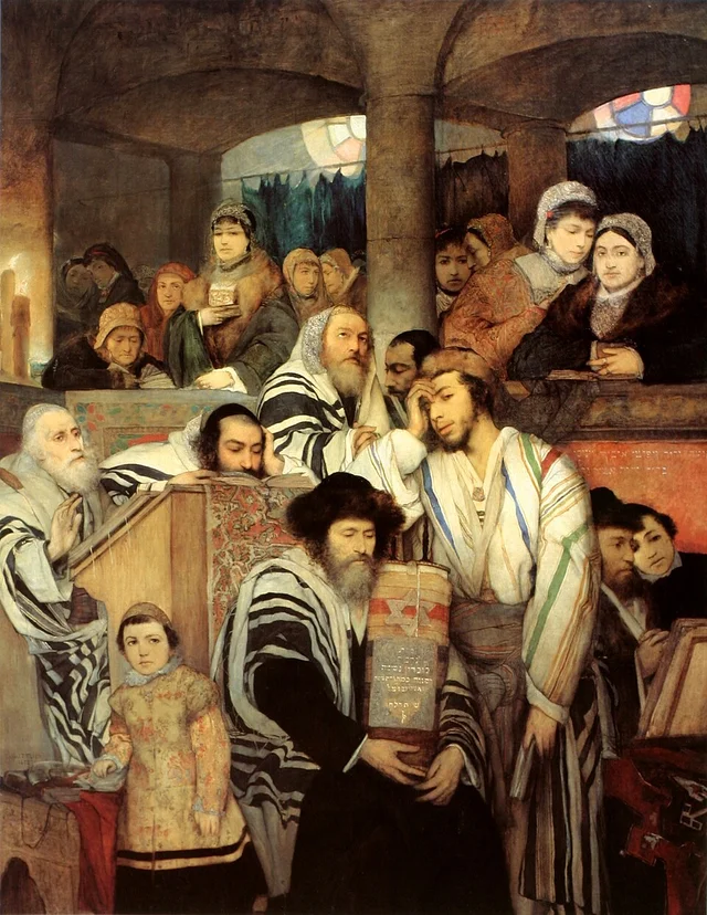 Ebrei in preghiera nella sinagoga durante lo Yom Kippur