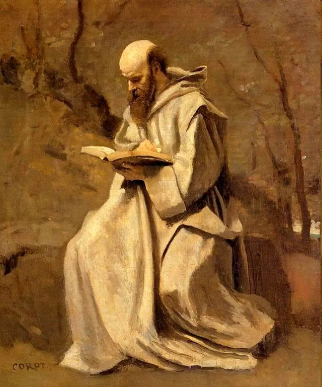 Monje de blanco, sentado, leyendo