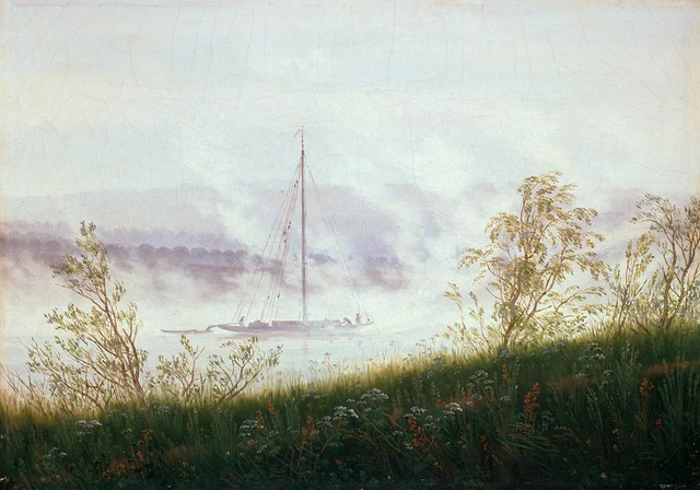 Ship in the early morning fog