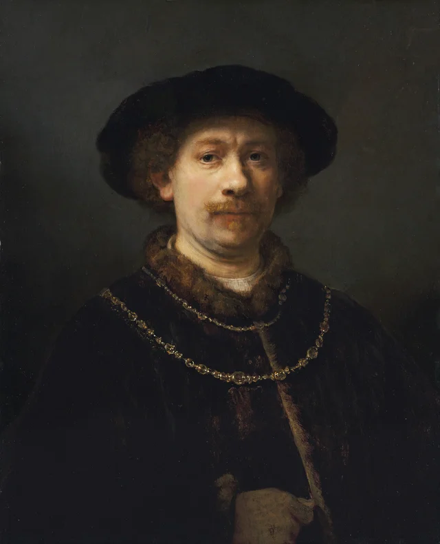 Self-portrait wearing a Hat and two Chains
