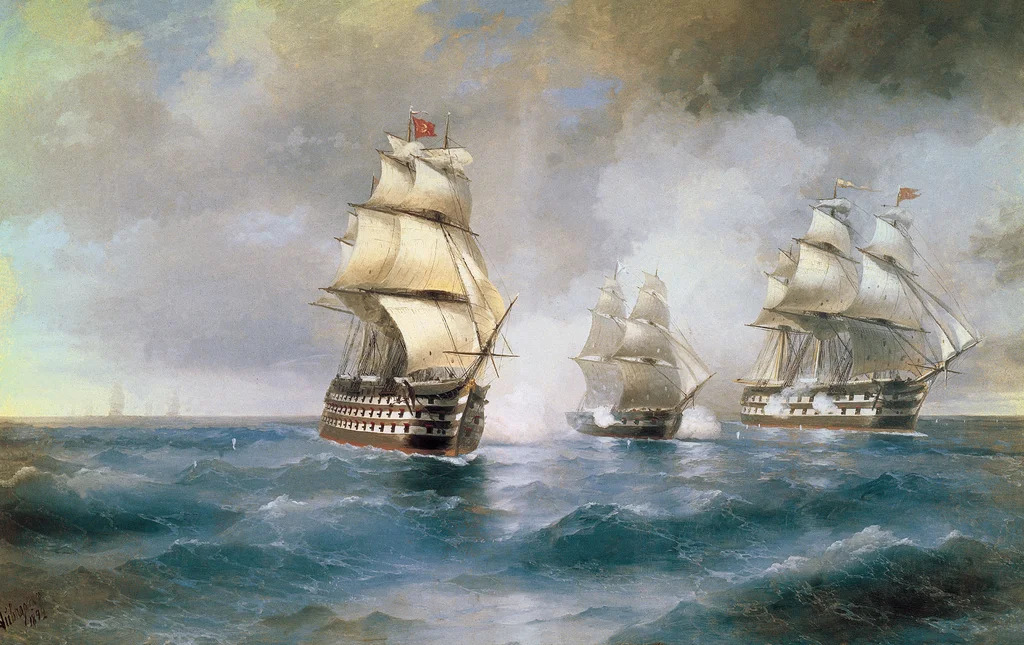 Die Brigg „Merkurij“ im Kampf mit zwei türkischen Schiffen