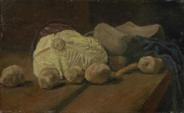 Stillleben mit Kohl und Holzschuhen