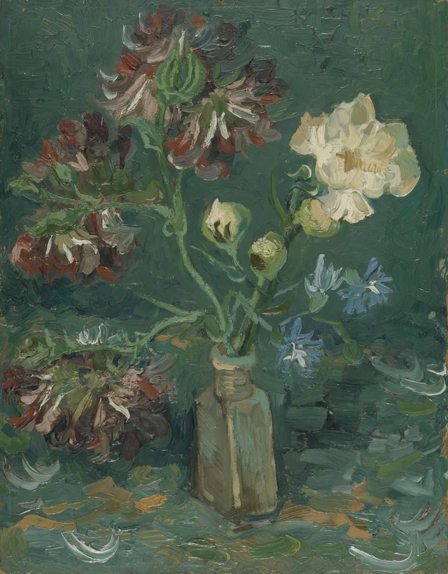 Small Bottle with Peonies and Blue Delphiniums