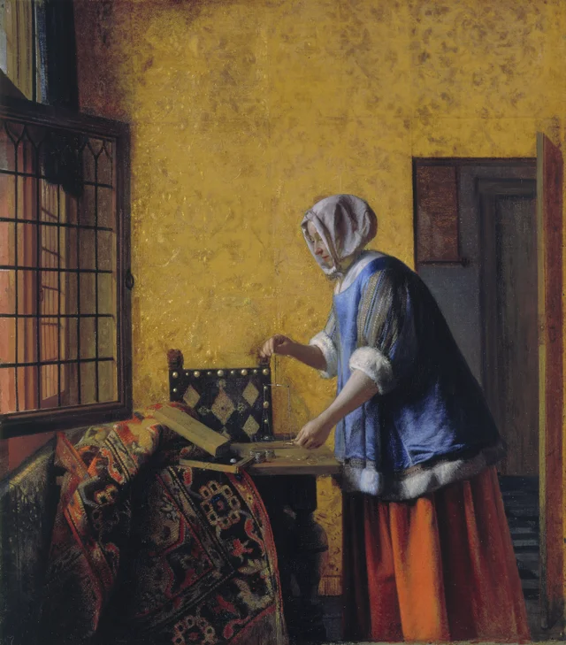 Interior con una mujer pesando monedas de oro