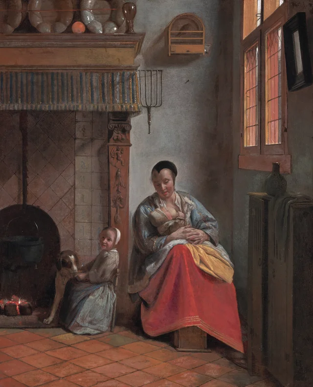 Woman Nursing an Infant, with a Child and a Dog