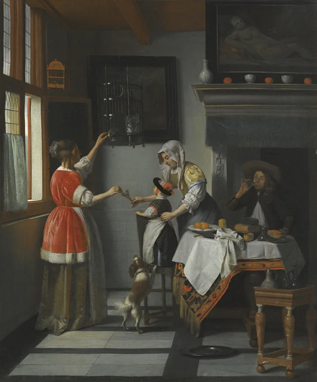 Interior con un hombre bebiendo y dos mujeres con un niño dando de comer a un loro