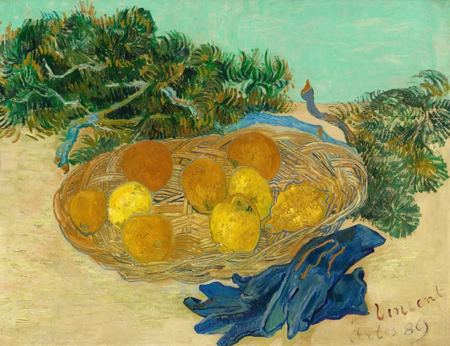 Nature morte aux oranges et citrons avec des gants bleus