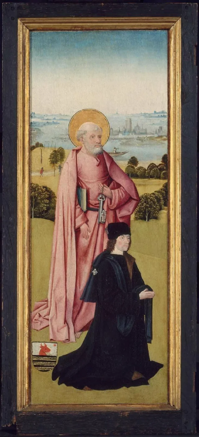 Franco van Langhel et ses fils avec saint Jean l'Évangéliste (face extérieure) ; Pieter van Os avec saint Pierre (face intérieure)