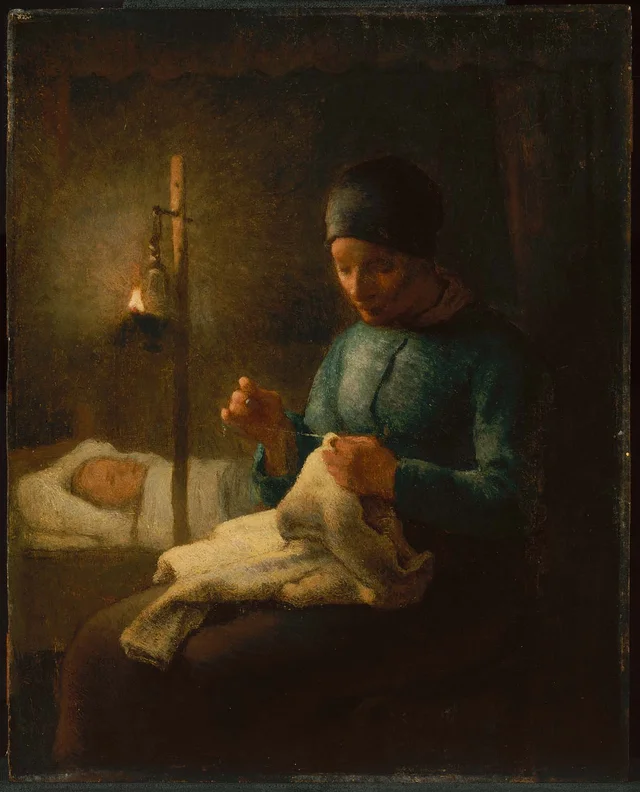Woman Sewing beside her Sleeping Child