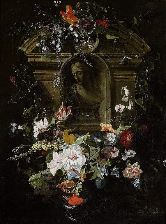 A bust portrait of a woman in a flower wreath