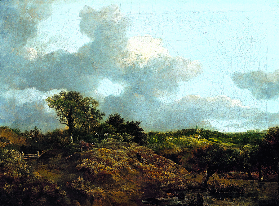 Paesaggio boschivo con un pastore seduto