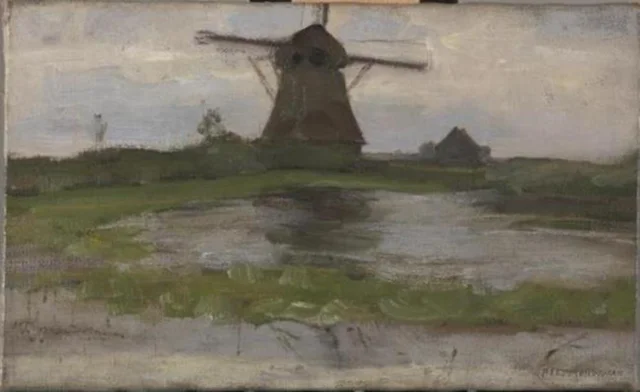 Oostzijdse mill viewed from downstream with mill at center