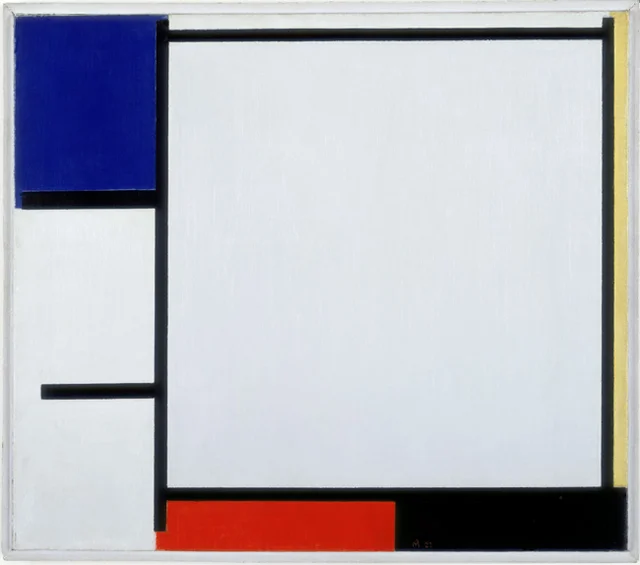 Composición con azul, amarillo, rojo, negro y gris