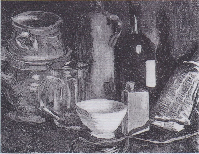 Stillleben mit Steingut, Bierglas und Flasche