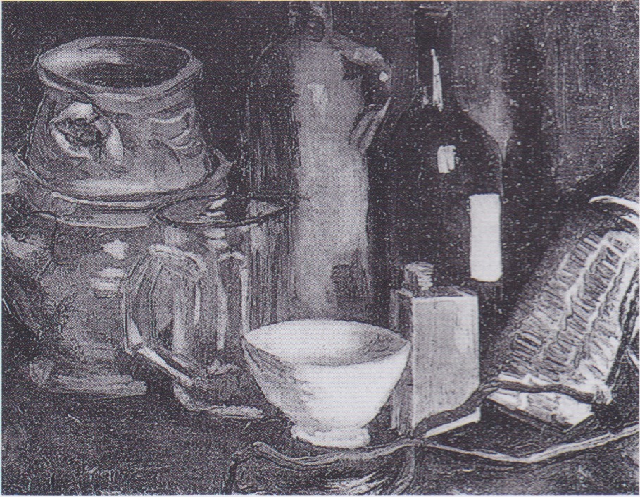 Stillleben mit Steingut, Bierglas und Flasche