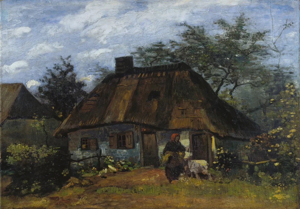 Hütte und Frau mit Ziege