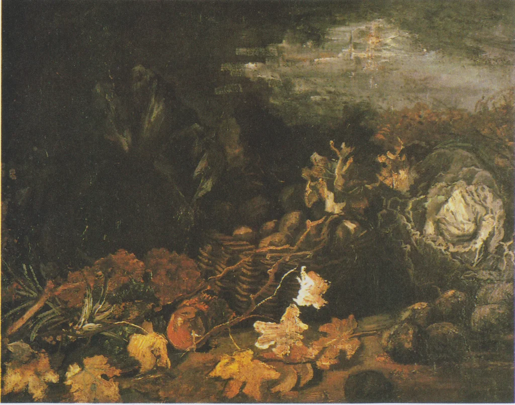 Nature morte avec un panier de pommes de terre, entouré de feuilles d'automne et de légumes