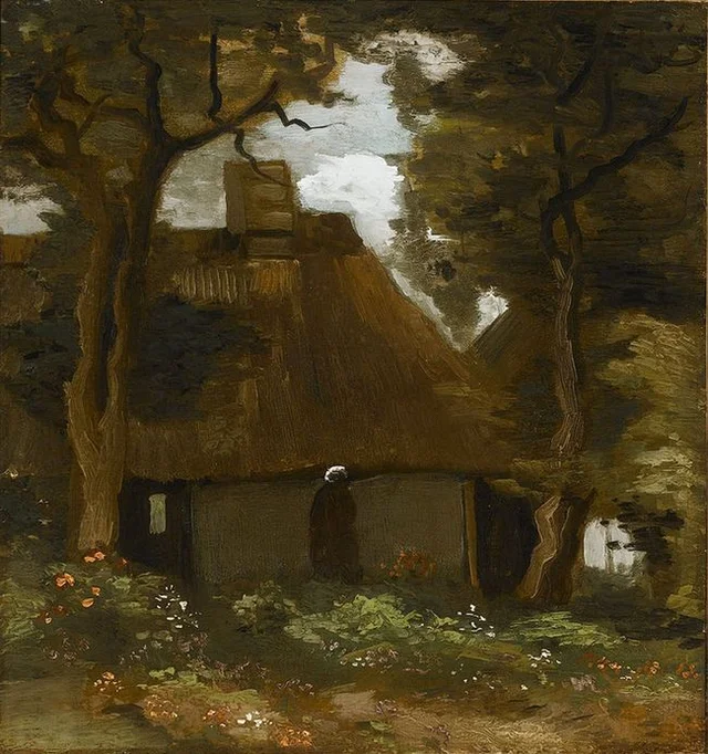 Casa de campo con árboles y campesina