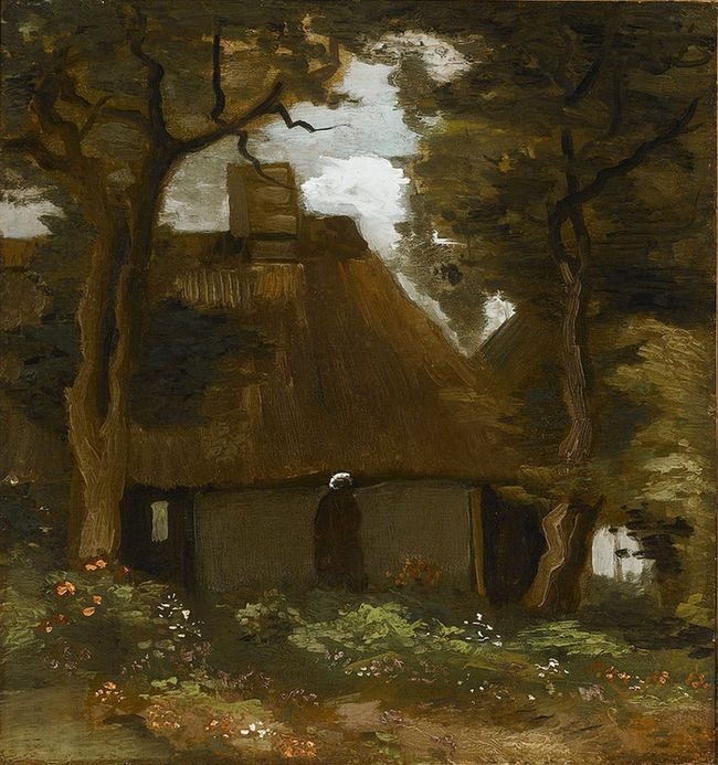 Chaumière avec arbres et paysanne