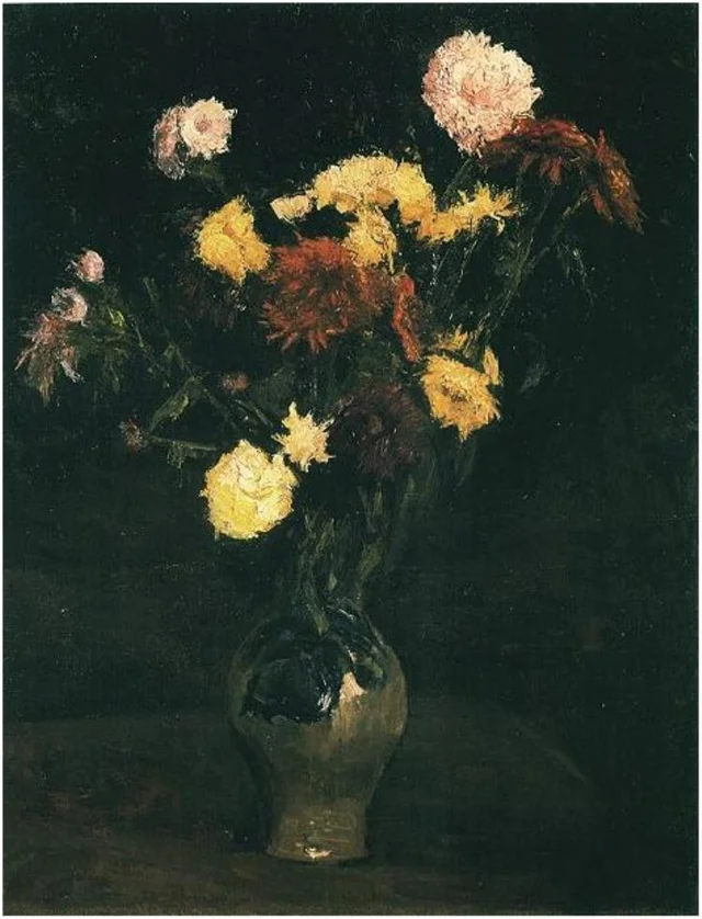 Vase mit Nelken und Zinnien