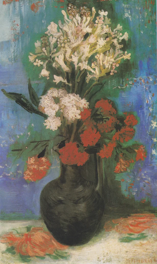 Vase mit Nelken und anderen Blumen