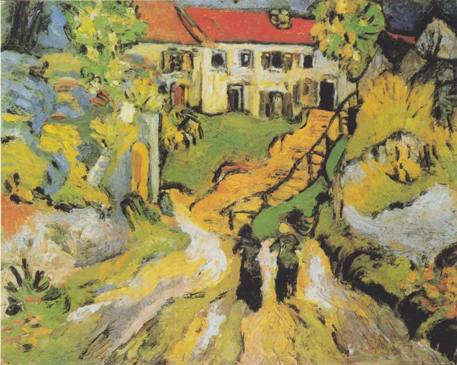 Dorfstraße und Treppe in Auvers mit zwei Figuren