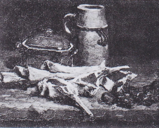 Natura morta con carne, verdure e ceramiche