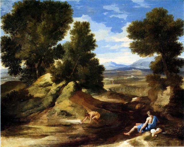 Landschaft mit einem Mann, der Wasser aus einem Bach schöpft