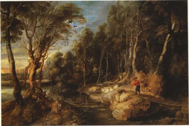 A Shepherd with his Flock in a Woody Landscape