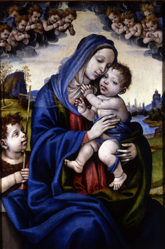 Vierge à l'Enfant avec le petit saint Jean-Baptiste, anges tournoyant au-dessus