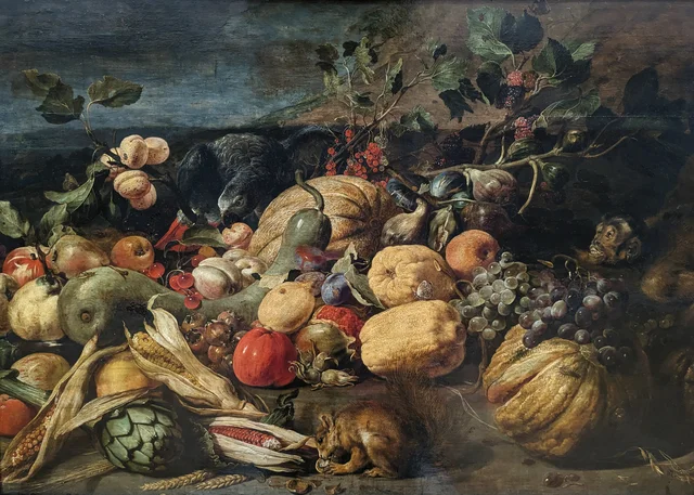 Obst und Gemüse mit Affe, Papagei und Eichhörnchen