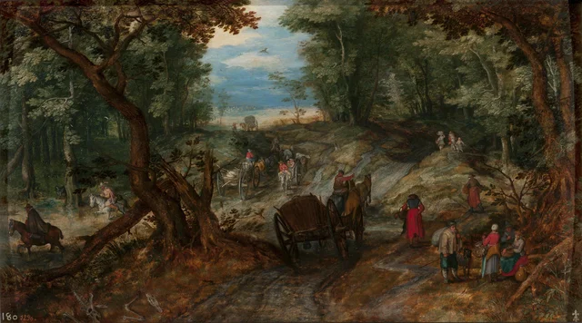 Forest road next to a fordable pond with travelers
