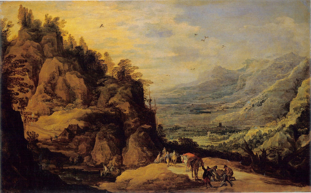 Paesaggio montano con figure e un asino
