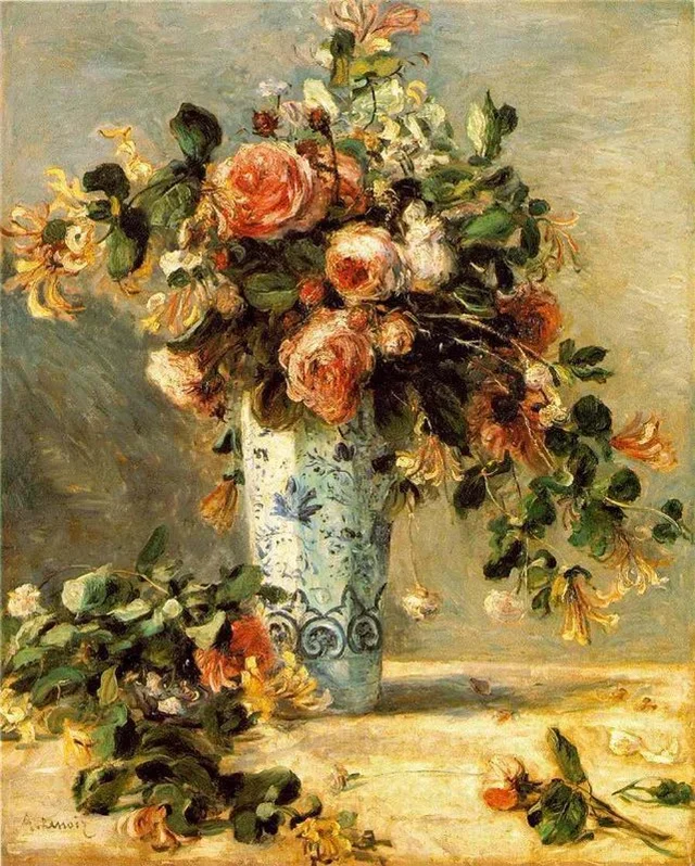 Rosas y jazmín en un jarrón de Delft