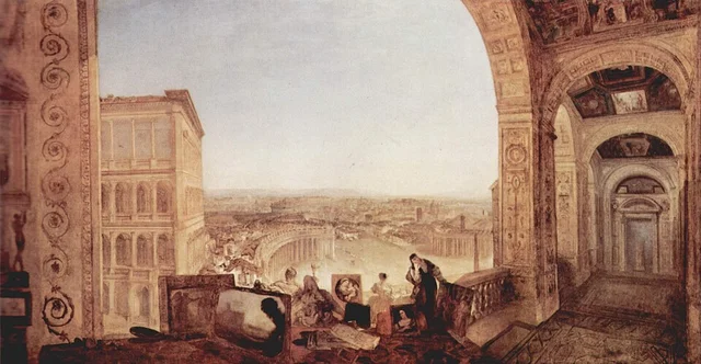 Roma, desde el Vaticano. Rafael, acompañado por la Fornarina, preparando sus cuadros para la decoración de las Logias
