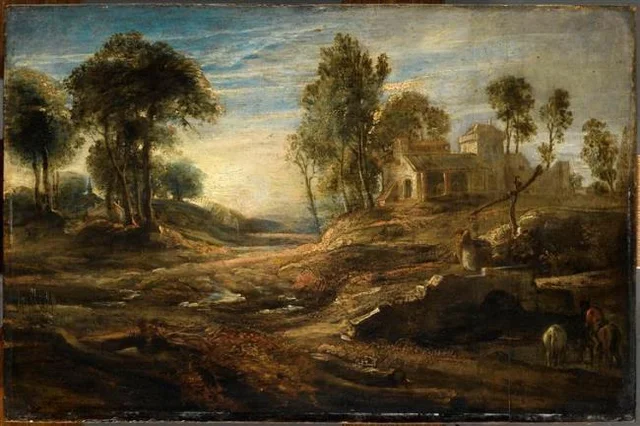 Landscape with horses at a well
