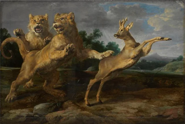 Two Young Lions Pursuing a Roebuck