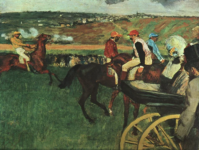 Le champ de courses. Jockeys amateurs près d'une voiture