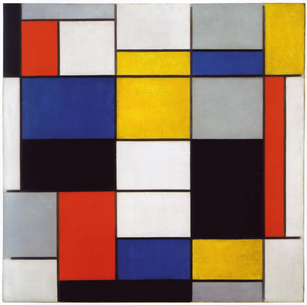Komposition A: Komposition mit Schwarz, Rot, Grau, Gelb und Blau