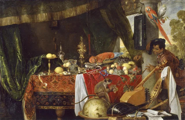 The meal in peril. Still life with black servant and parrot