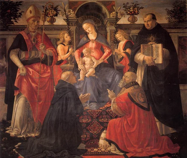 Vierge à l'Enfant en majesté entre anges et saints