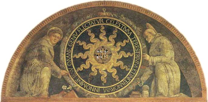 Christusmonogramm zwischen zwei Heiligen