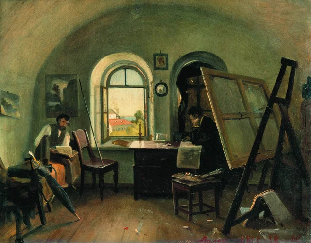 I. I. Shishkin and A. V. Gine in the Studio on the Valaam Island