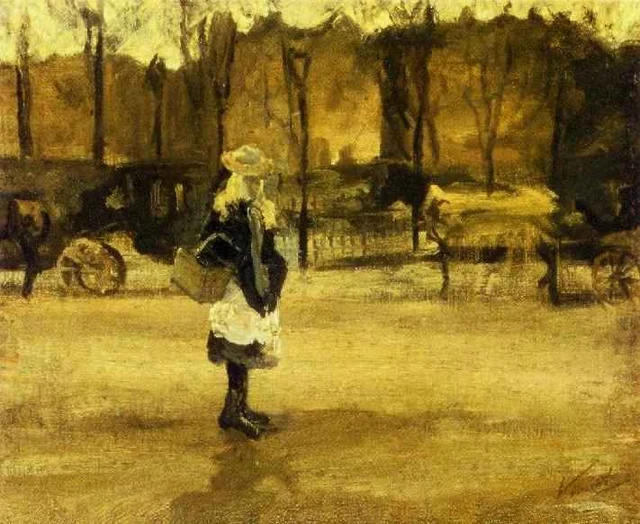Une jeune fille dans la rue, deux calèches à l'arrière-plan