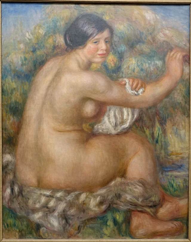 Bañista secándose el brazo derecho, gran desnudo sentado