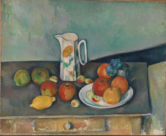 Nature morte, pot à lait et fruits sur une table (Still life with milk pot and fruits on a table)