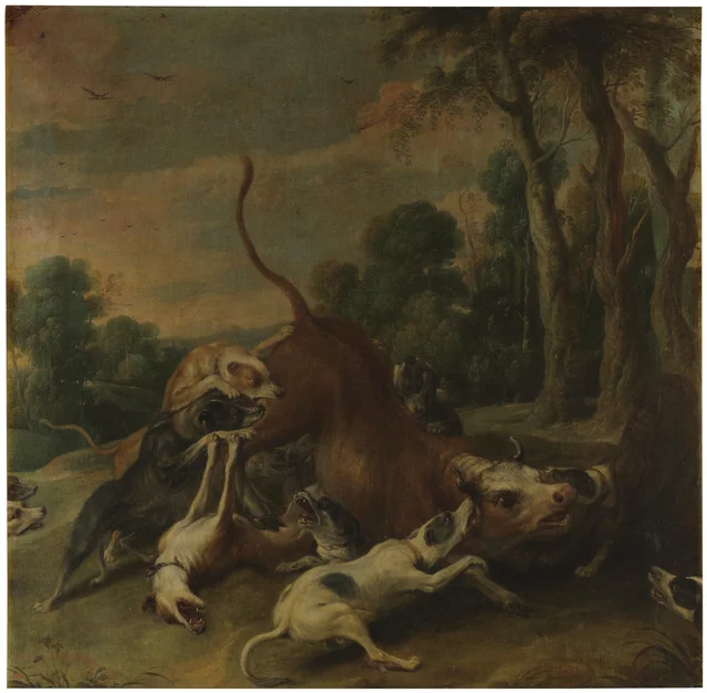 Un toro dominado por perros