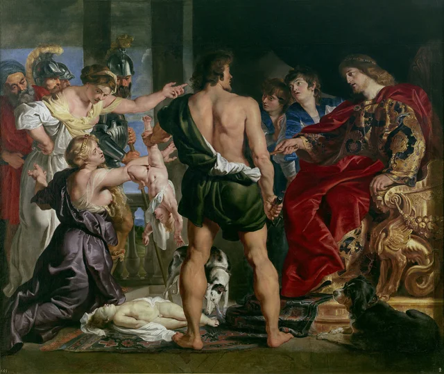 The judgement of Solomon: Solomon gives verdict; he commands a soldier to divide the living child in two; the true mother objects to Solomon's verdict (1 Kings 3:25-27)