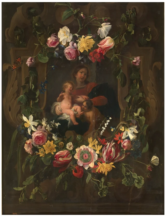 Sculpted cartouche adorned with flowers with a representation of the Virgin and Child with Saint John